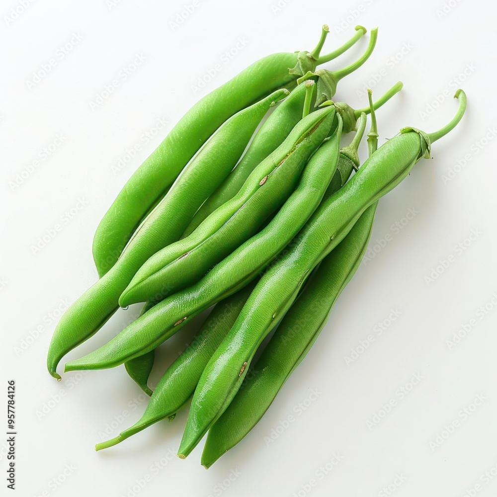 A bunch of fresh green beans on a white background. A bunch of fresh green beans on a white background.