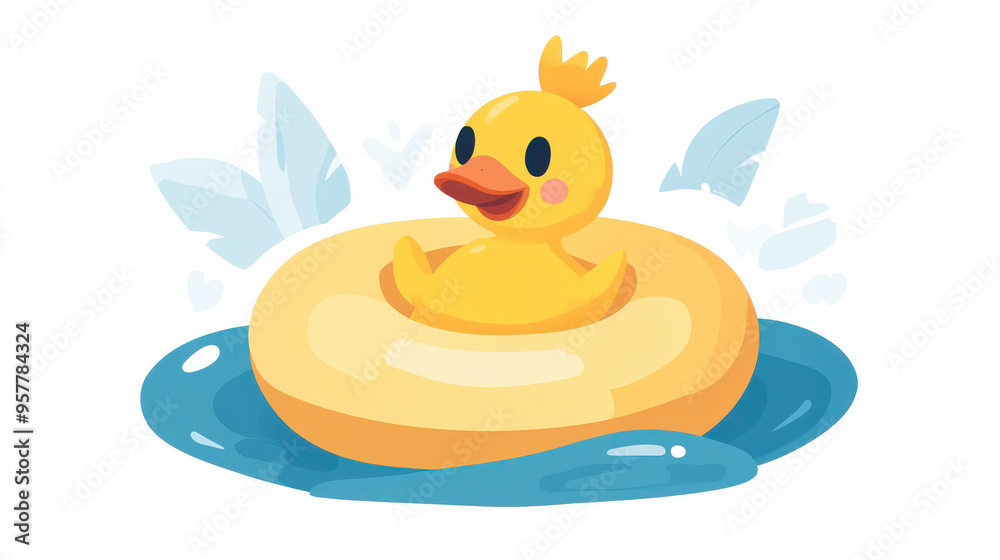 A playful yellow rubber duck flotation ring stands out in this charming cartoon illustration on a white background. A playful yellow rubber duck flotation ring stands out in this charming cartoon illustration on a white background.
