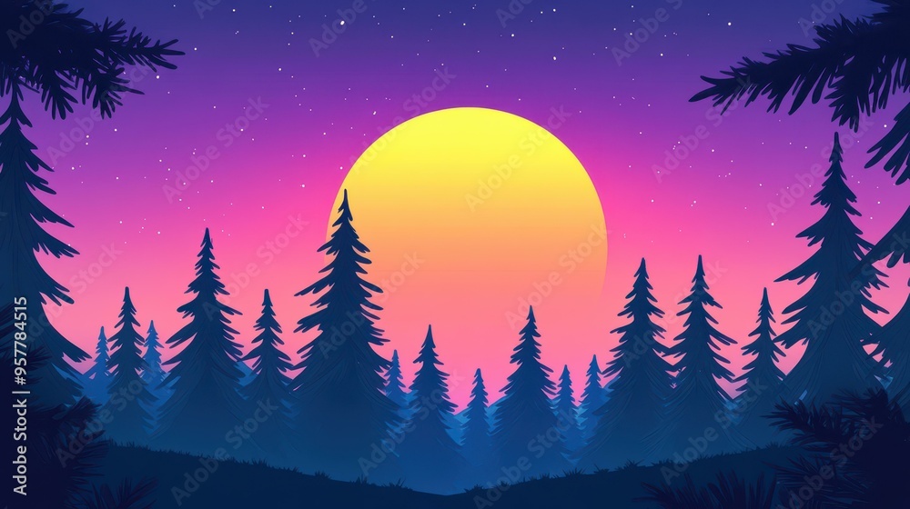 Naklejka premium A stunning sunset scene with a bright moon illuminating dark trees, creating a vibrant contrast against the sky.