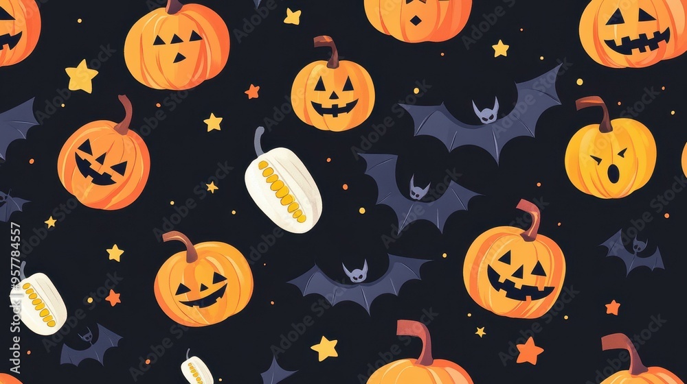 Celebrate Halloween with a fun pattern of jackolanterns, bats, and candy corn set against a spooky dark backdrop. Celebrate Halloween with a fun pattern of jackolanterns, bats, and candy corn set against a spooky dark backdrop.