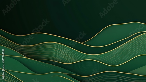 Discover an elegant blend of green and gold lines, creating a luxurious waveshaped background perfect for modern designs. photo