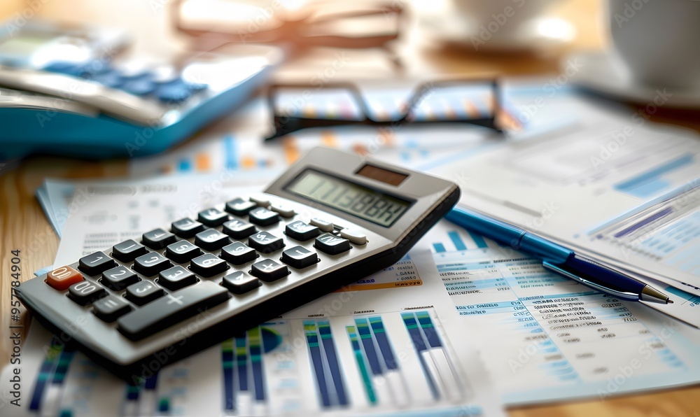 Calculator on financial statement and balance sheeet on desk of auditor. Concept of accounting and audit business. Calculator on financial statement and balance sheeet on desk of auditor. Concept of accounting and audit business.