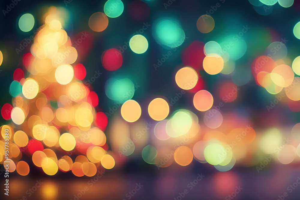 Fototapeta premium Defocused bokeh and blur christmas tree and lights glitter sparkle background.