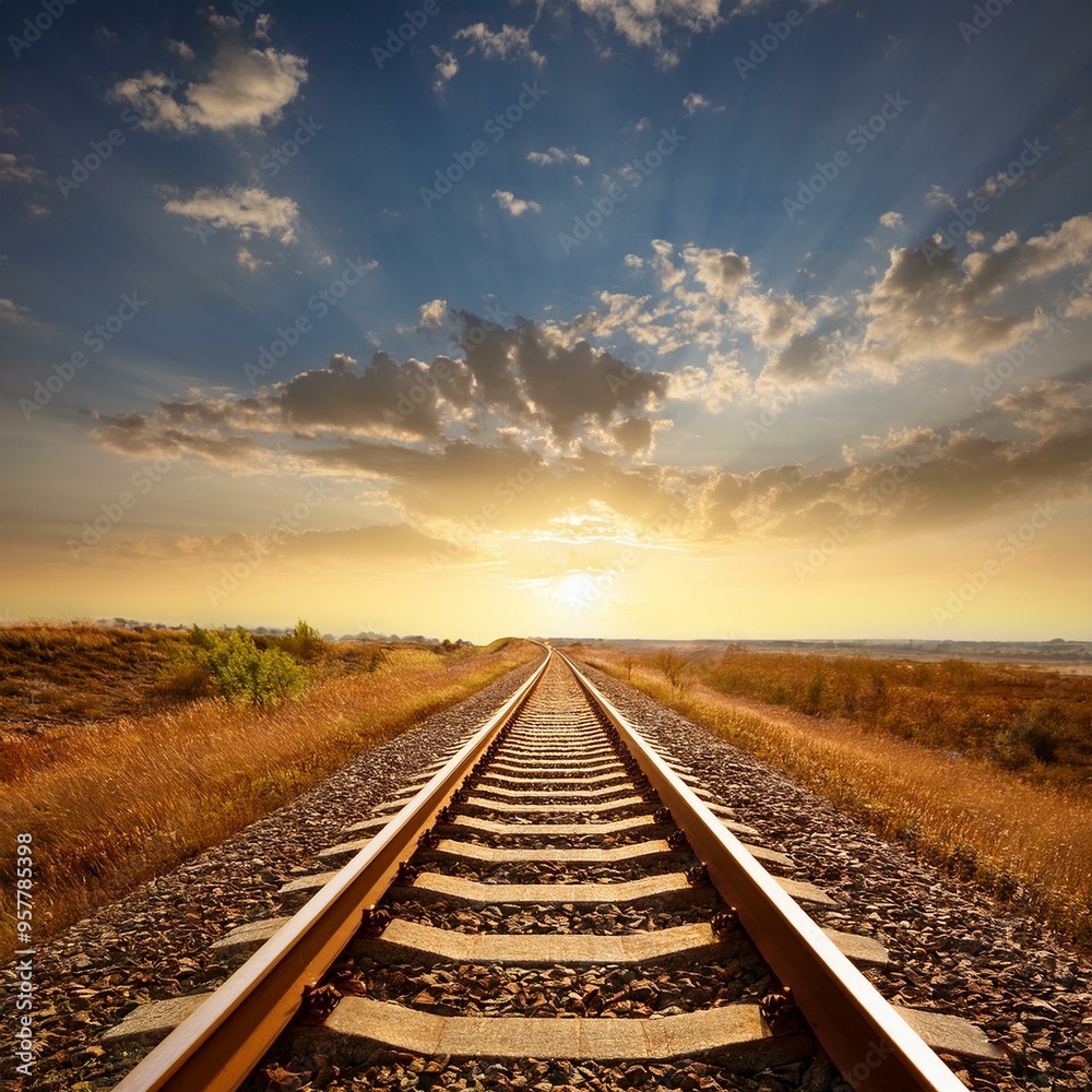 Railroad tracks in the middle of nowhere leading to the horizon