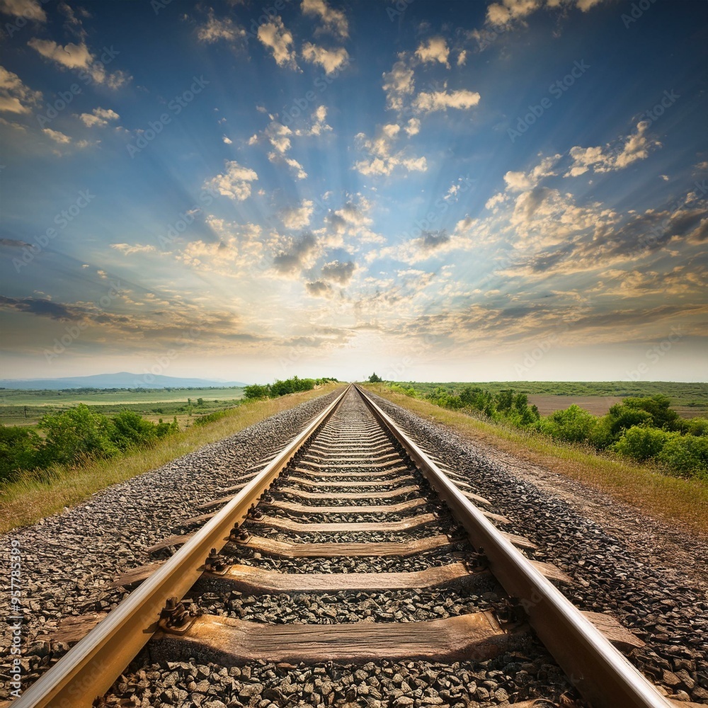 Fototapeta premium Railroad tracks in the middle of nowhere leading to the horizon