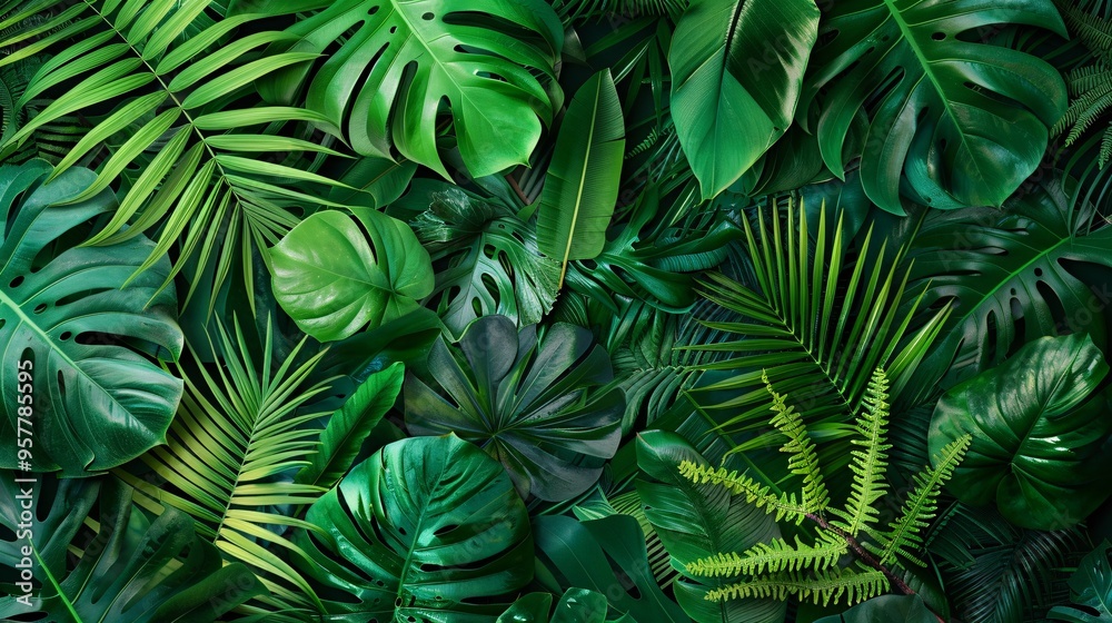 Obraz premium 07231249 623. Artistic depiction of a dense arrangement of dark green tropical leaves, such as monstera, palm, coconut, fern, and banana, providing a vibrant and natural backdrop
