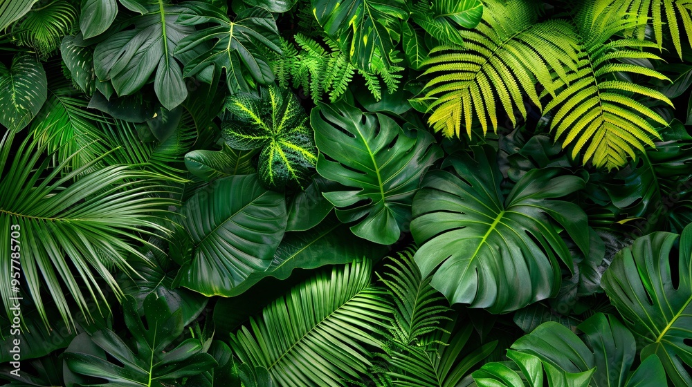 07231249 626. Detailed view of natural tropical tree leaves from the Asian tropics, featuring various shades of green and leaf shapes, creating an immersive and vibrant background