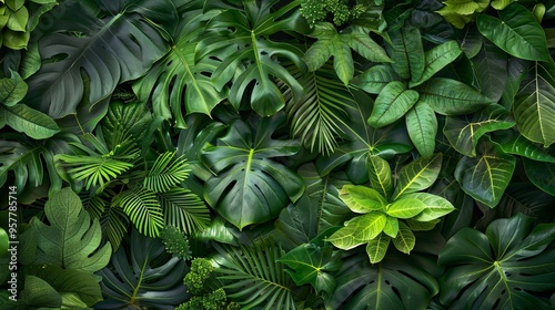 Wallpaper Mural 07231249 626. Detailed view of natural tropical tree leaves from the Asian tropics, featuring various shades of green and leaf shapes, creating an immersive and vibrant background Torontodigital.ca