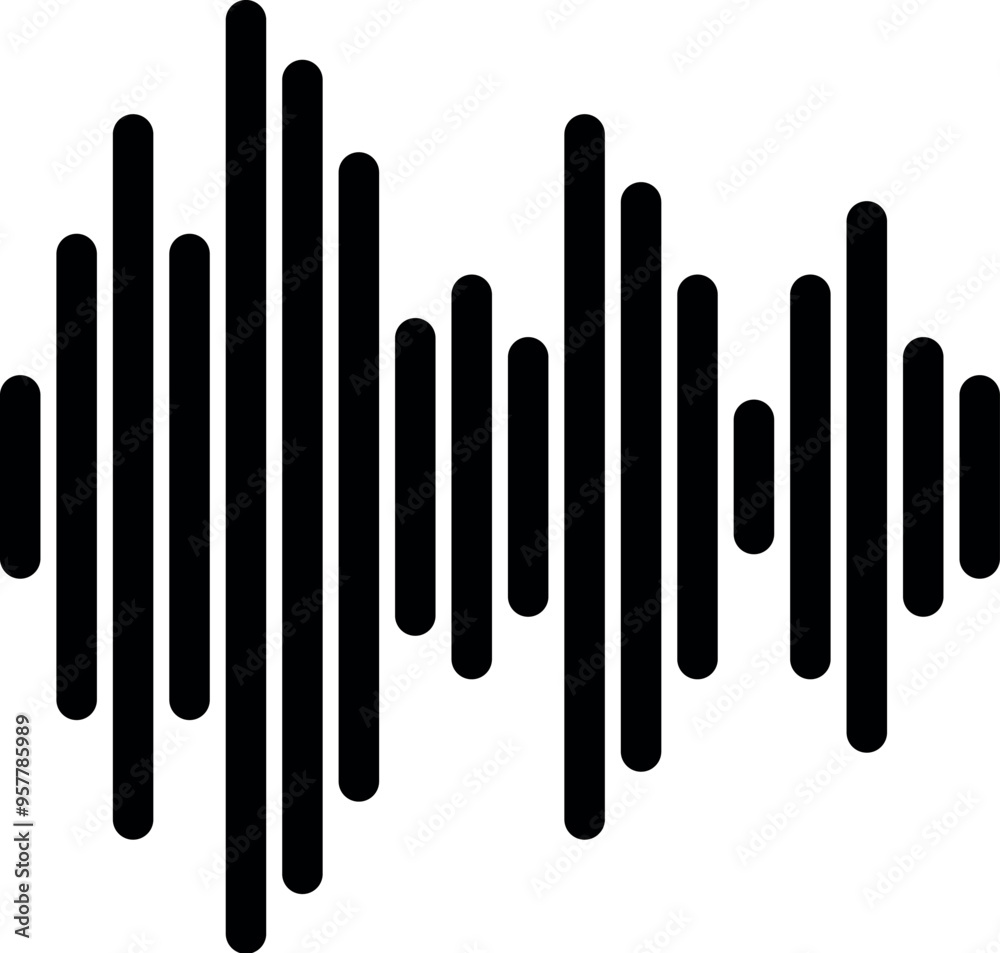 Simple black and white sound wave composed of vertical bars of different lengths, representing an audio concept Simple black and white sound wave composed of vertical bars of different lengths, representing an audio concept