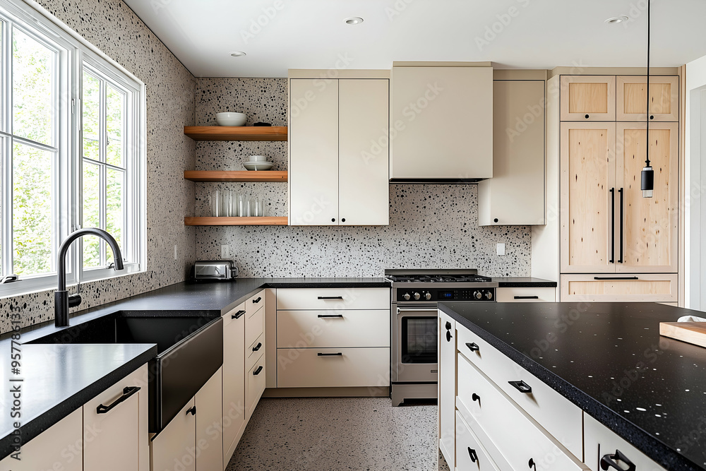 Modern kitchen with terrazzo island and minimalist cabinetry design Modern kitchen with terrazzo island and minimalist cabinetry design