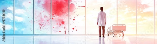 Doctor looking out a hospital window at sunrise, watercolor style, finding peace in a hectic environment.