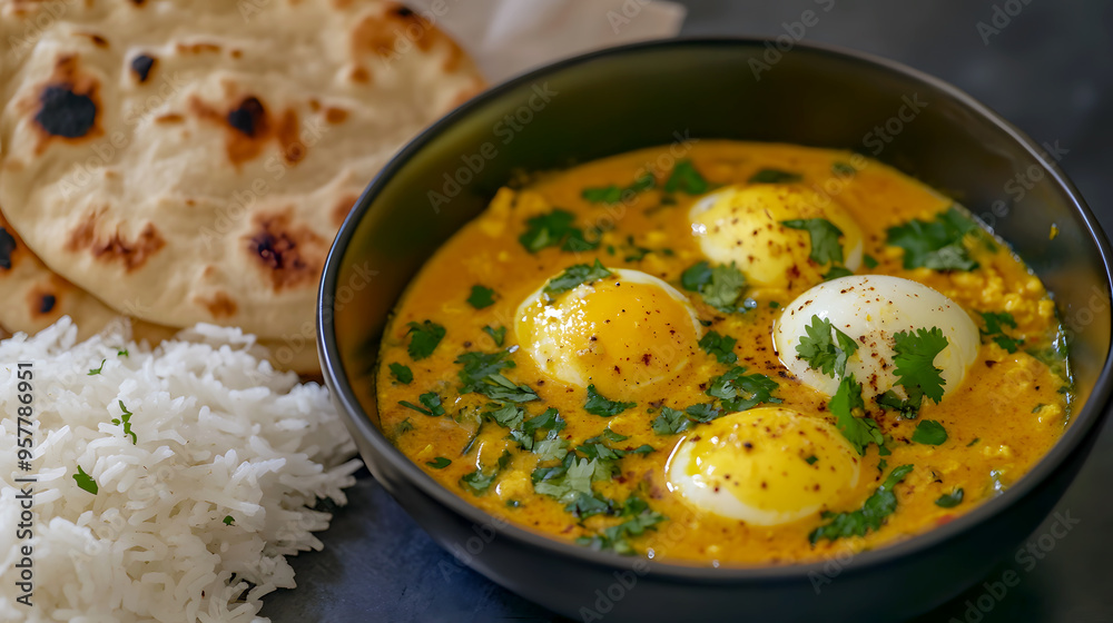 Creamy egg curry, served with a side of basmati rice and warm naan bread Creamy egg curry, served with a side of basmati rice and warm naan bread