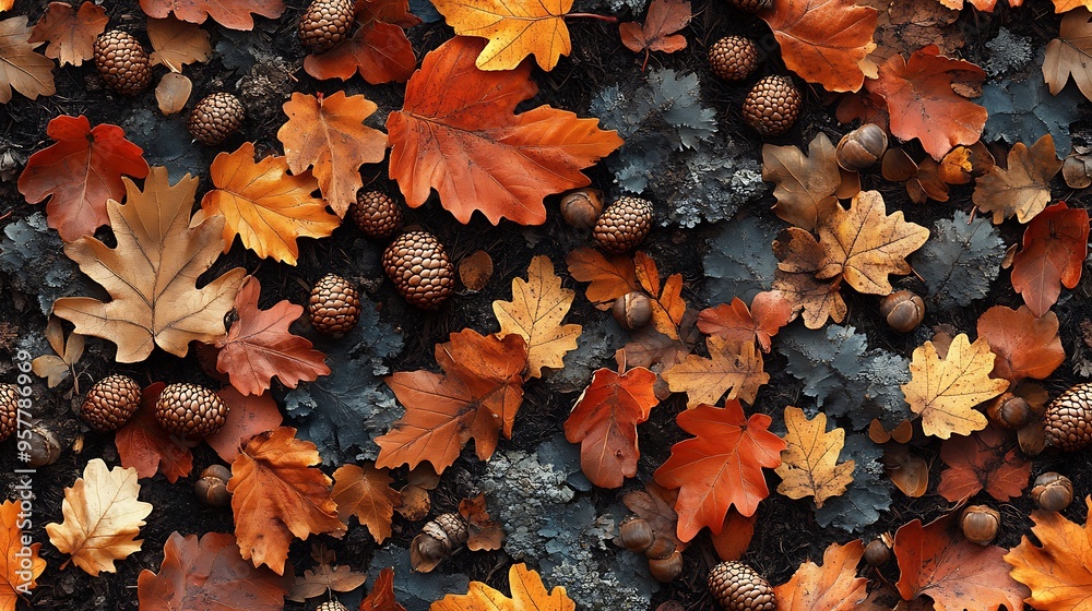 A seamless pattern of acorns and oak leaves scattered across a woodland background, with rich autumnal colors and detailed textures, A seamless pattern of acorns and oak leaves scattered across a woodland background, with rich autumnal colors and detailed textures,
