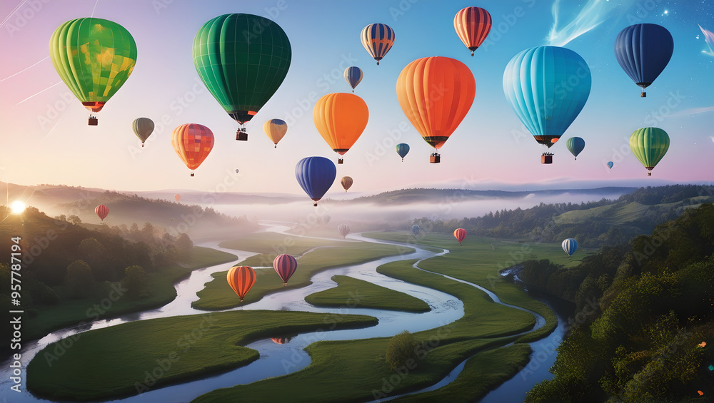 Fototapeta premium Serene Valley, Soaring Balloons