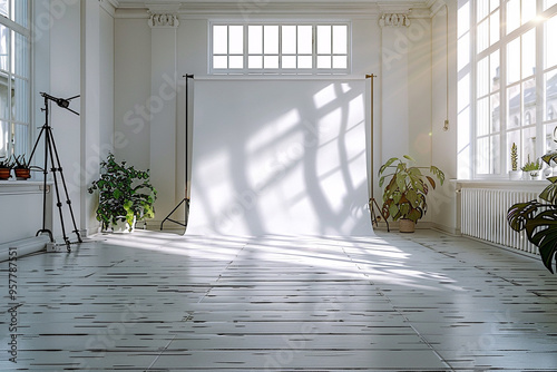 A spacious, well-lit studio room with a clean white backdrop, ideal for showcasing and highlighting a wide range of products  photo