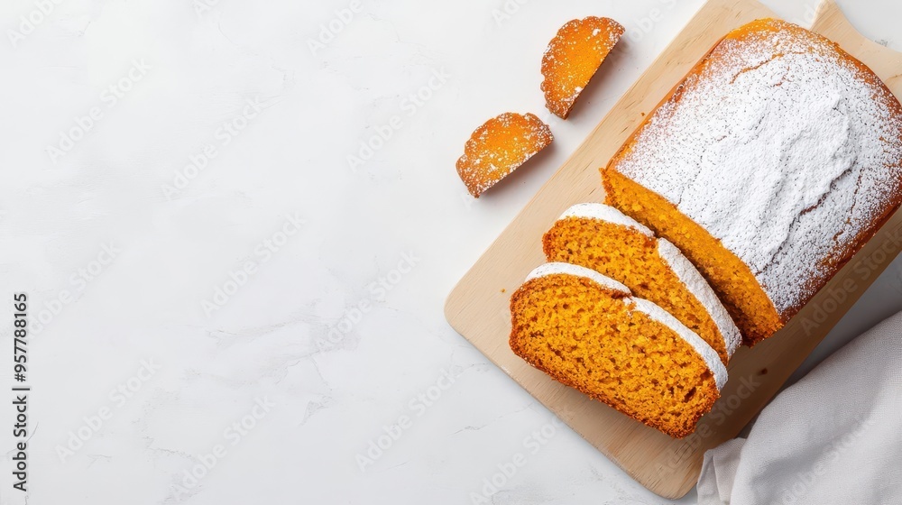 Sliced pumpkin loaf with sugar granules, on a marble kitchen countertop, gourmet pumpkin bread, luxury autumn bakery Sliced pumpkin loaf with sugar granules, on a marble kitchen countertop, gourmet pumpkin bread, luxury autumn bakery