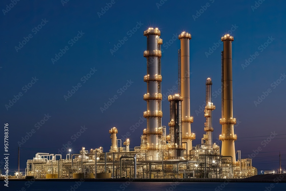 Starlit Oil Refinery Scene Showcasing Towering Gas Industry Columns Starlit Oil Refinery Scene Showcasing Towering Gas Industry Columns