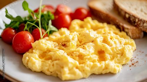 Creamy scrambled eggs served with a side of toast and fresh tomatoes