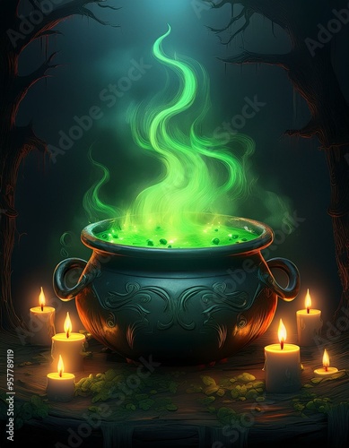 witch's cauldron with green glowing smoke surrounded by candles