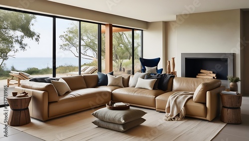 Imagine a serene and stylish living space designed for relaxation and connection with nature
