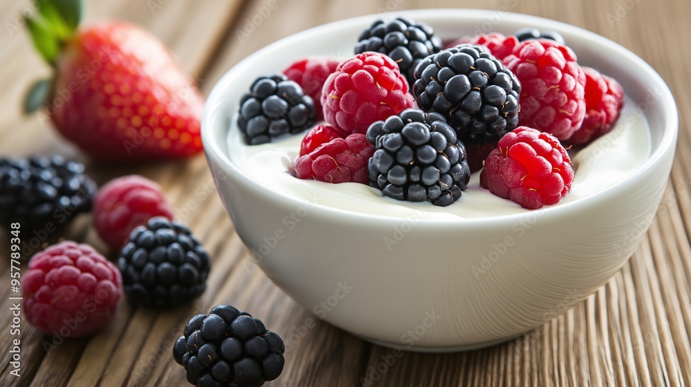 Berrylicious Yogurt Bowl: A refreshing and healthy breakfast or snack, featuring a bowl of creamy yogurt topped with a vibrant mix of fresh raspberries and blackberries. Berrylicious Yogurt Bowl: A refreshing and healthy breakfast or snack, featuring a bowl of creamy yogurt topped with a vibrant mix of fresh raspberries and blackberries.