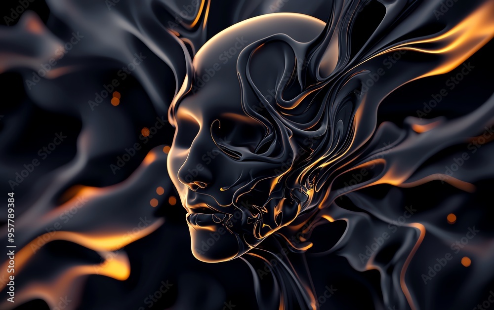 Fototapeta premium Abstract digital art of a human face with ethereal smoke effects and glowing accents against dark background.