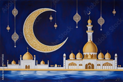 Elegant Eid al-Fitr Artwork Featuring Glorious Crescent Moon on Rich Blue Velvet Background photo