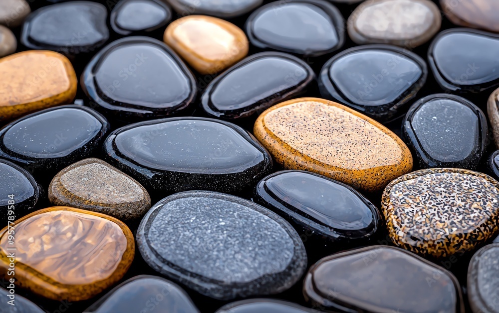 Close-up of smooth, colorful wet pebbles arranged in a pattern. Perfect for backgrounds, textures, and natural decorative elements. Close-up of smooth, colorful wet pebbles arranged in a pattern. Perfect for backgrounds, textures, and natural decorative elements.