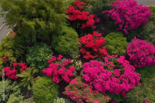 Stunning Aerial Perspective of Colorful Bombax Cebia and Bougainvillea Blooms for Realistic Landscape and Garden Design photo