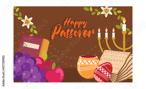 Passover greetings for Christians. Celebrate Passover with holy books, fruit, eggs, matzah and candles. Passover Day concept. Flat vector illustration.