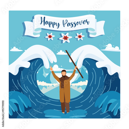 The belief of Israel's male human leaders. Moses parted the Red Sea. Passover Day concept. Flat vector illustration.