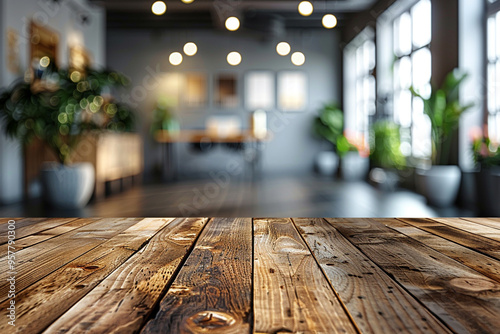 blurred bokeh office interior space background with a wood table top is ideal for displaying or montaging your products  photo