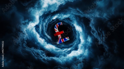 Dark, swirling vortex with British financial symbols, representing economic chaos, UK crisis concept