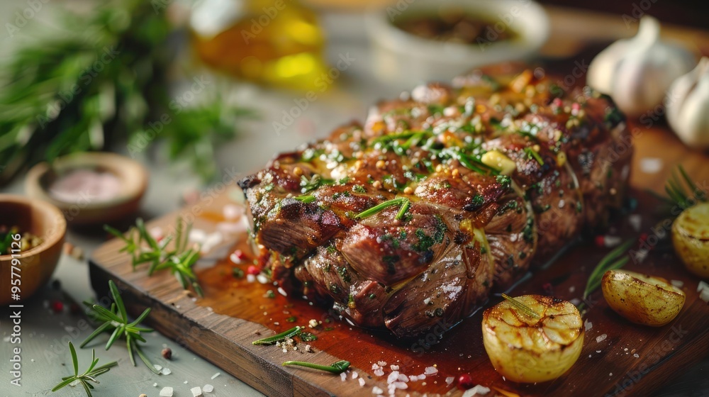 A juicy grilled steak with sauce and herbs, accompanied by seasonings. A juicy grilled steak with sauce and herbs, accompanied by seasonings.