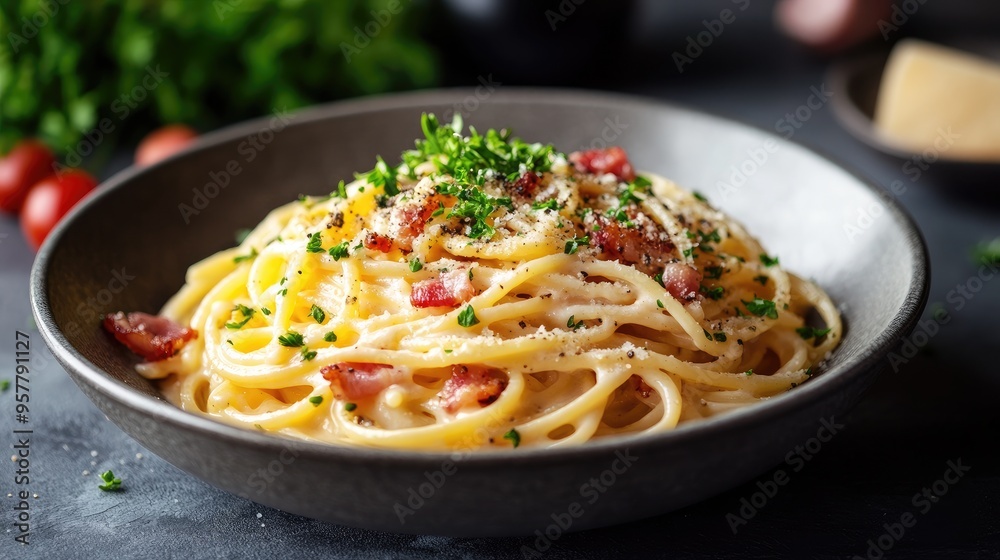 A beautifully arranged bowl of spaghetti carbonara with creamy sauce, crispy bacon bits, and a sprinkling of parsley on top. A beautifully arranged bowl of spaghetti carbonara with creamy sauce, crispy bacon bits, and a sprinkling of parsley on top.