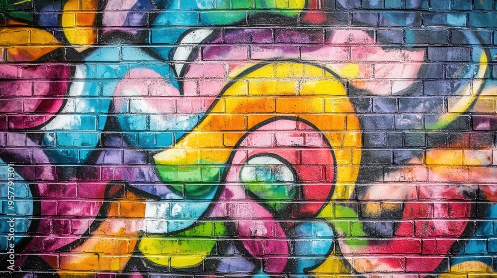 A brick wall with vibrant graffiti art, adding a splash of color and creativity to the traditional brick surface. A brick wall with vibrant graffiti art, adding a splash of color and creativity to the traditional brick surface.