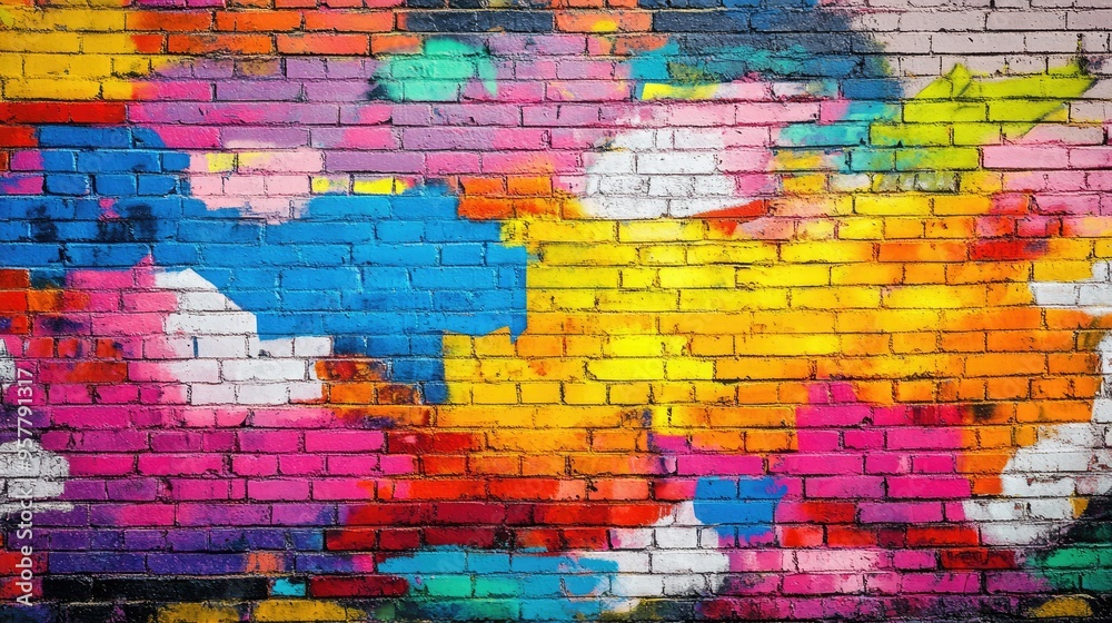 A brick wall with vibrant graffiti art, adding a splash of color and creativity to the traditional brick surface.