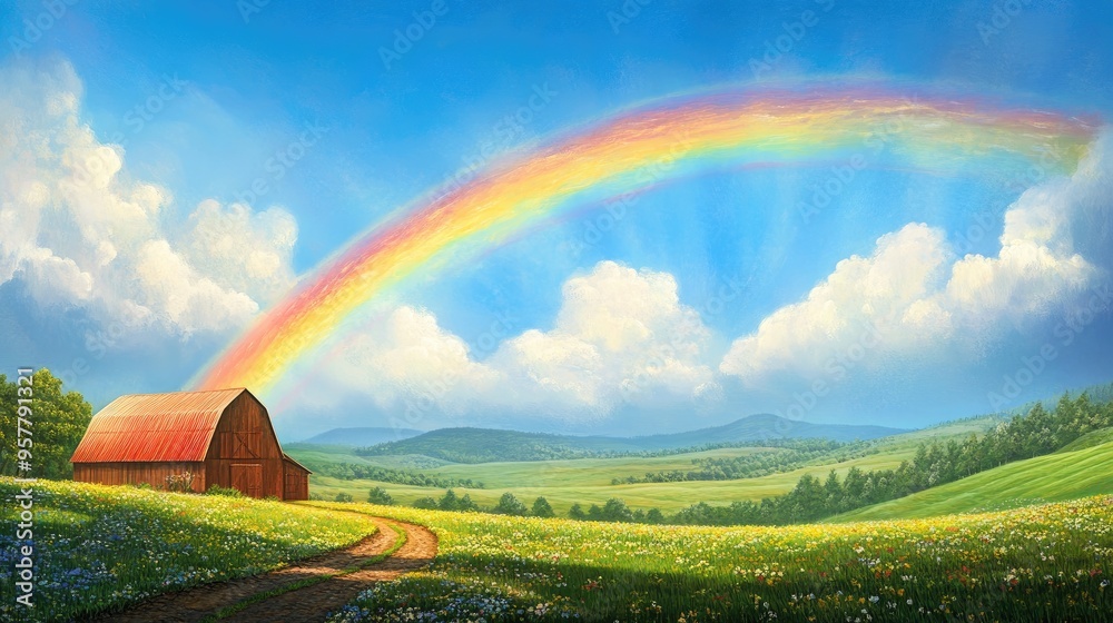 Obraz premium A bright and colorful rainbow over a picturesque rural scene with a barn and rolling hills under a blue sky.