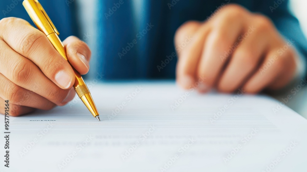 Business professional using a golden pen to sign off on a revenue growth report, symbolizing approval and confidence, revenue growth, executive decision Business professional using a golden pen to sign off on a revenue growth report, symbolizing approval and confidence, revenue growth, executive decision