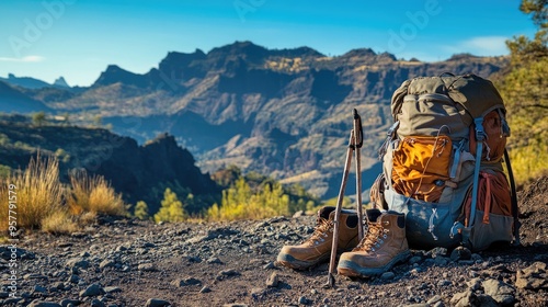 A camper's backpack, boots, and walking stick lying on a rocky trail, set against a backdrop of mountains and a clear blue sky photo