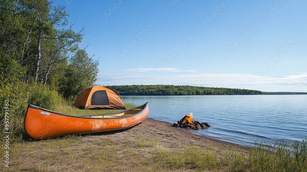 Fototapeta premium A canoe pulled up on a campsite shore, with a tent and campfire in the background under a clear blue sky.