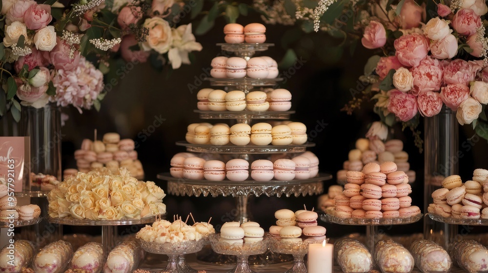 A chic dessert table featuring an elegant arrangement of macarons, with matching decorative elements like flowers and candles. A chic dessert table featuring an elegant arrangement of macarons, with matching decorative elements like flowers and candles.