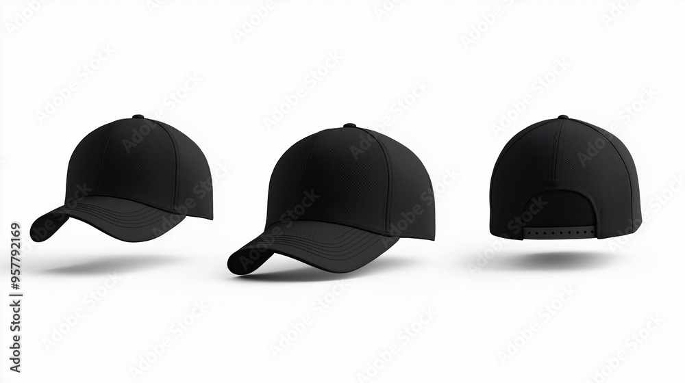 Black Baseball Cap Mockup: Three blank black baseball caps in various angles, ready for your design. A versatile and stylish mockup perfect for showcasing your branding or logo. Black Baseball Cap Mockup: Three blank black baseball caps in various angles, ready for your design. A versatile and stylish mockup perfect for showcasing your branding or logo.