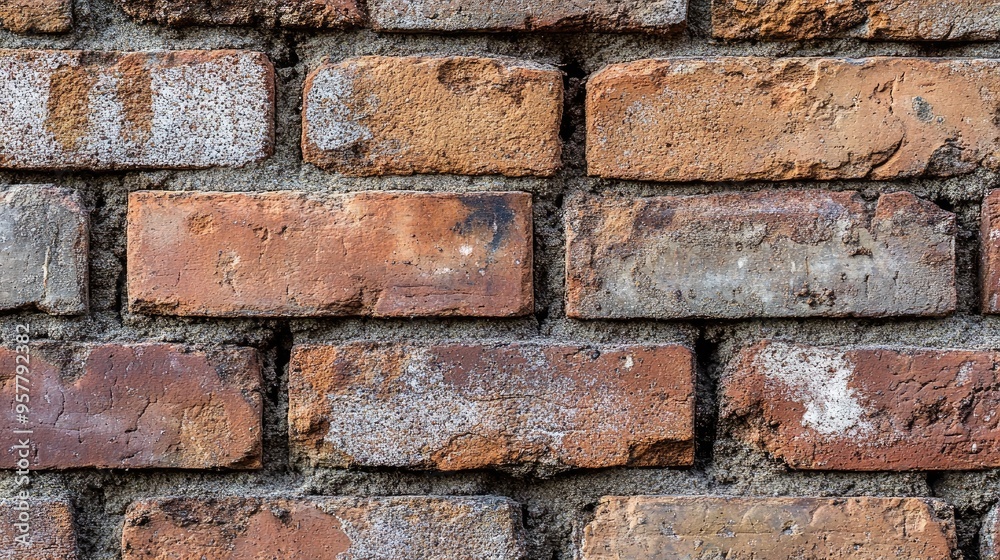 Obraz premium A close-up of a brick texture with visible mortar joints and surface imperfections, emphasizing the tactile quality.