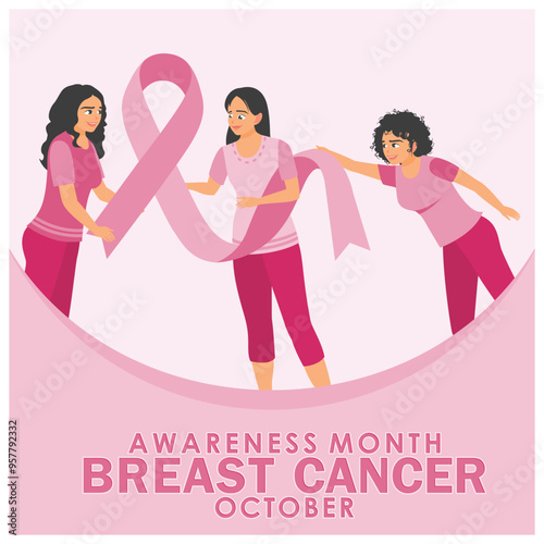 Woman holding pink ribbon. Symbol of breast cancer awareness and prevention. Breast cancer awareness month concept. Flat vector illustration.