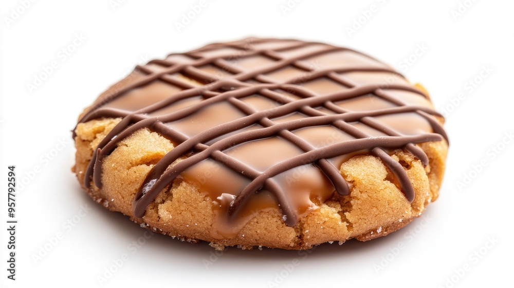 A close-up of a cookie with a glossy drizzle of caramel or chocolate on top, set against a white background. A close-up of a cookie with a glossy drizzle of caramel or chocolate on top, set against a white background.