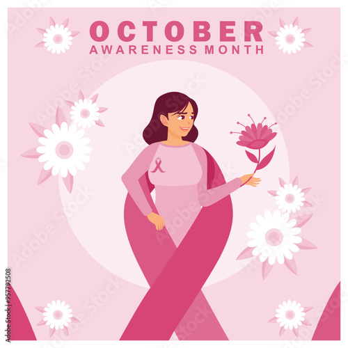 Smiling woman with pink ribbon. Holding flowers in hand. Breast cancer awareness month concept. Flat vector illustration.