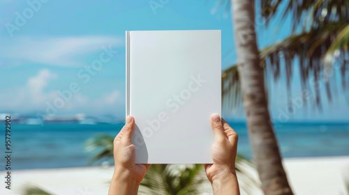 People hands holding a white book mock-up with copy space in front of a beautiful beach , woman read a book on the beach in summer concept image photo