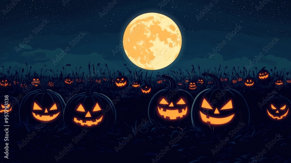 Jack-o'-lanterns in a Field under a Full Moon. Jack-o'-lanterns in a Field under a Full Moon.