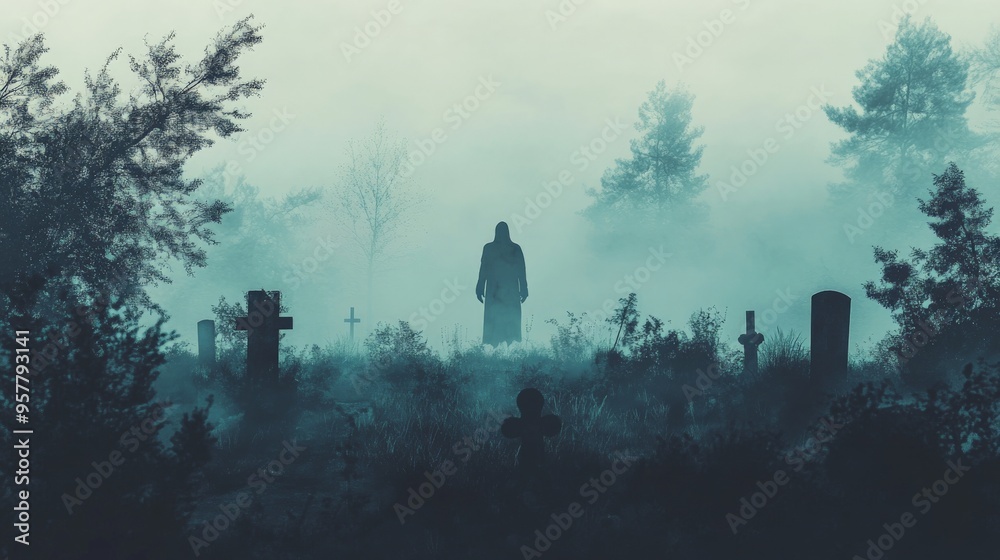 Fototapeta premium Mysterious Figure in Foggy Cemetery.